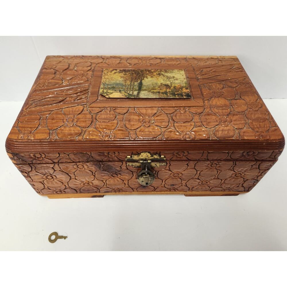 Vintage Carved Cedar Wood Jewelry Box w/ Scenic River Landscape / Lock & Key